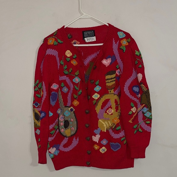 Bergdorf Goodman Sweaters - Vintage Berek Bergdorf Goodman red knit whimsical grandmacore cardigan sweater M